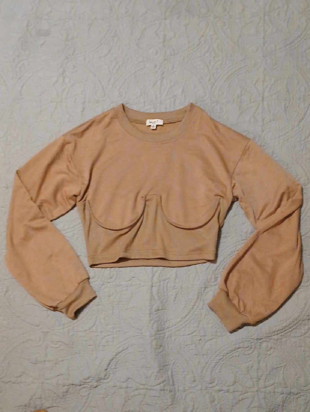 Love J USA Tan Cropped Long-Sleeve Sculpted Seam Top